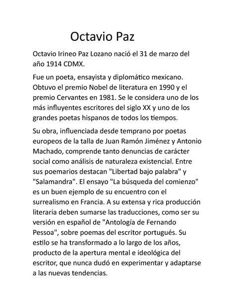 Octavio Paz Biografia Octavio Paz Octavio Irineo Paz Lozano Naci El