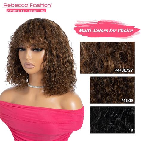 Rebecca Fashion Highlight Brown Blonde Curly Bob Wigs With Bangs Human