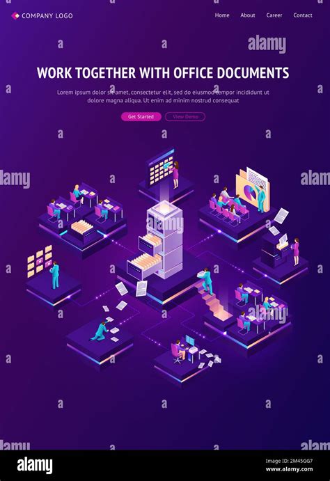 Work With Documents Isometric Landing Page Office People Working With