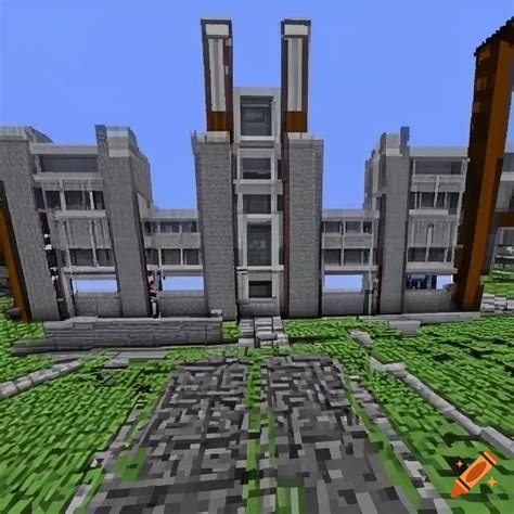 Exterior view of an industrial building in minecraft on Craiyon