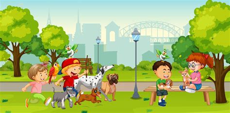 Children playing with their animals at the park 4646296 Vector Art at ...