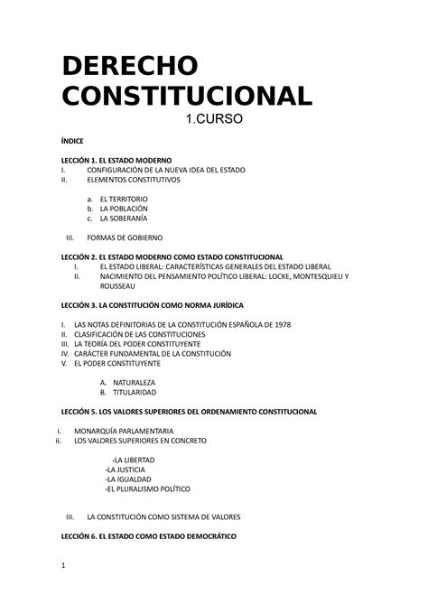 Consti tema 5 DERECHO CONSTITUCIONAL 1 ÍNDICE LECCIÓN 1 EL ESTADO