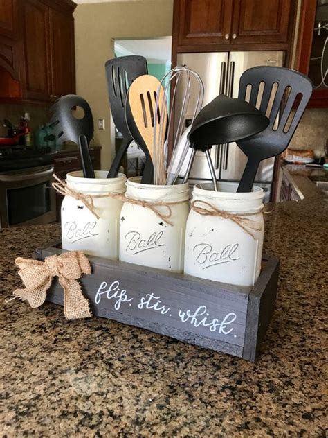 Home Decor And DIY Mason Jar Utensil Holder Farmhouse Kitchen Decor