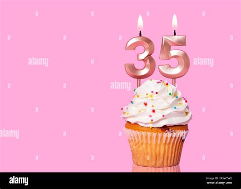 Birthday Cake With Candle Number 35 - On Pink Background Stock Photo ...