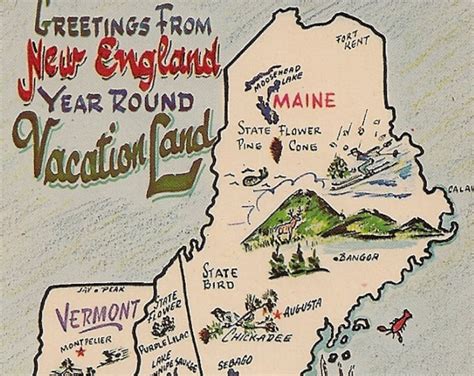 Greetings From New England Vacation Land Vintage Map Postcard Maine