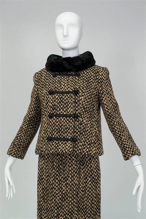 Brown Tweed Sheared Mink Trim Jackie Skirt Suit With Stand Away Collar