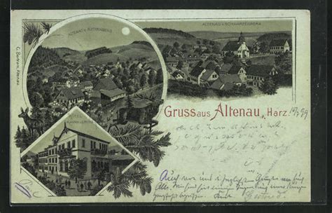 Mondschein Lithographie Altenau Harz Hotel Rammelsberg Ortsansicht