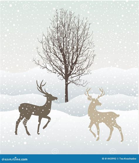 Snow Winter Landscape With Two Deers And Tree Stock Vector