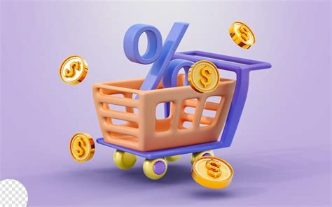 Carrito de compras con signo de porcentaje dólar moneda 3d render