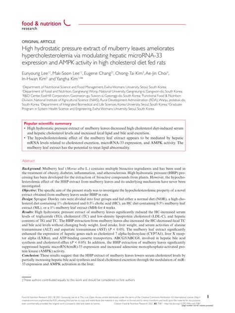 Pdf High Hydrostatic Pressure Extract Of Mulberry Leaves Ameliorates