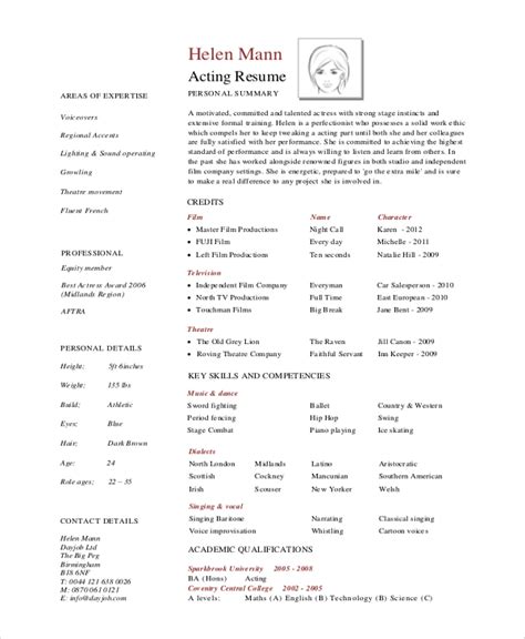 FREE 9+ Sample Acting Resume Templates in PDF | MS Word | PSD | Publisher | Pages