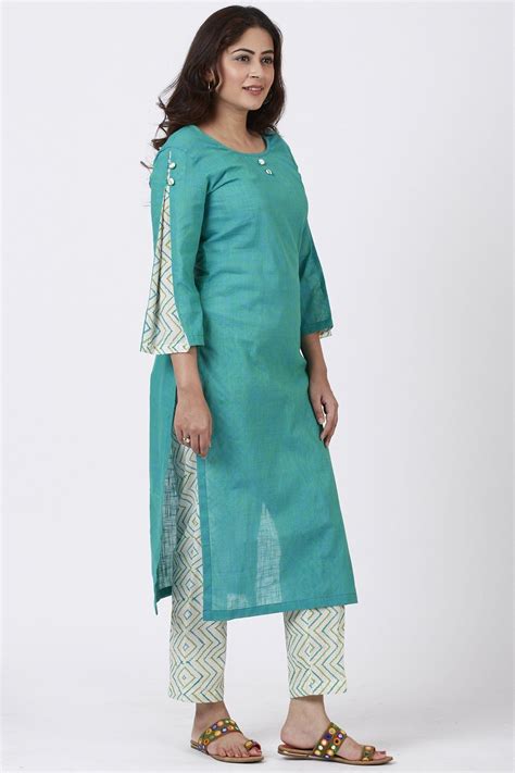 anokherang sea green pleated sleeve kurti  printed pants ethnic