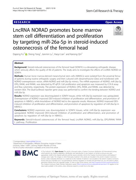 Pdf Lncrna Norad Promotes Bone Marrow Stem Cell Differentiation And