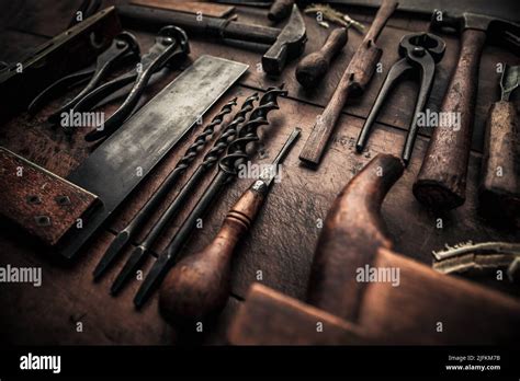 complet collection of carpentry tools on wooden workbench for majestic art and craftsmanship ...