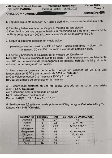 Parcial Quimica General Naturales Qu Mica General Studocu