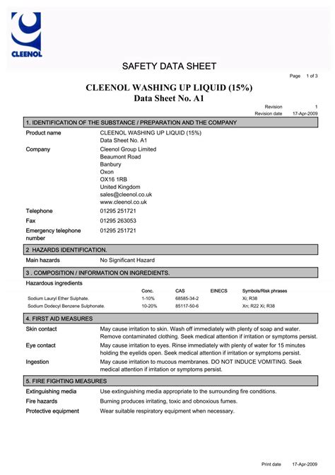 SAFETY DATA SHEET CLEENOL WASHING UP LIQUID - Cleaning ...