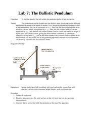 Ballistic Pendulum Lab The Ballistic Pendulum Objective To Find