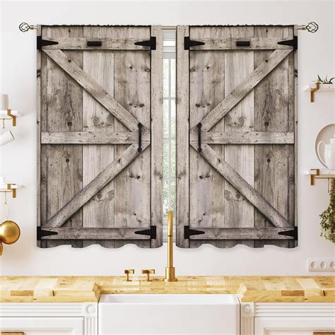 Rustic Wooden Small Kitchen Curtains Farmhouse Barn Door Window