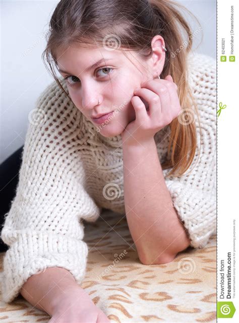 Cute Blonde Wearing Knitted Woolen Pullover Stock Image Image Of Lady Blanket 62403021