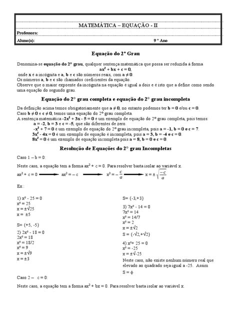 Equação Do 2º Grau Incompleta Pdf Equações Álgebra