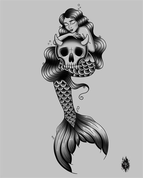 Black and white siren american traditional tattoo holding demon skull Siren Tattoo, Mermaid ...