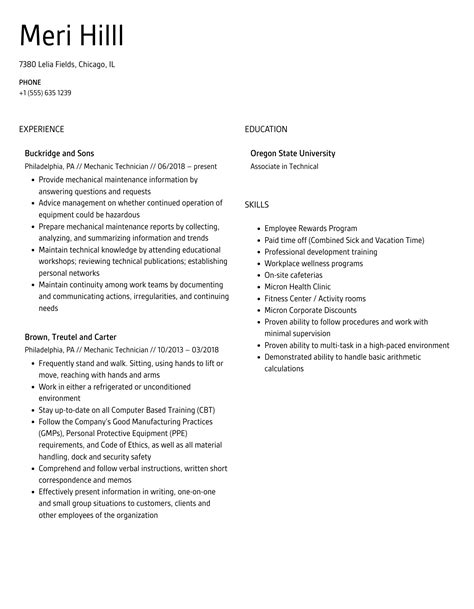 Mechanic Technician Resume Samples | Velvet Jobs