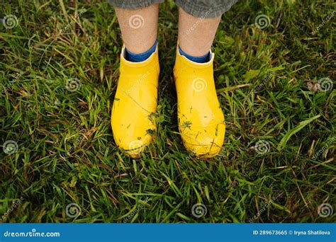 A Closeup Of Woman Legs In Yellow Rubber Boots In A Green Beautiful