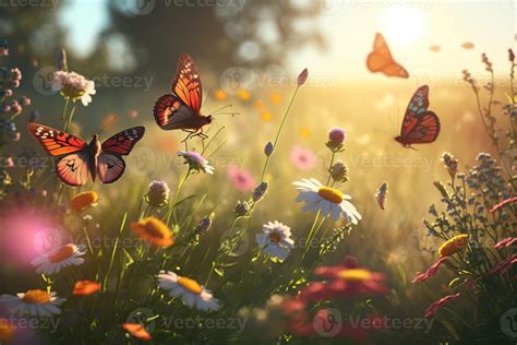 Butterflies Fly Over Field Colorful Flowers On A Sunny Day Wallpaper