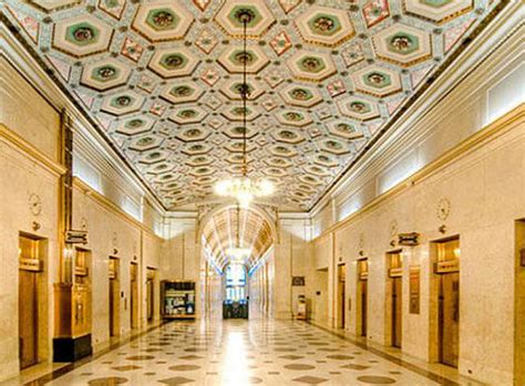 Cadillac Place lobby after plaster ceiling restoration