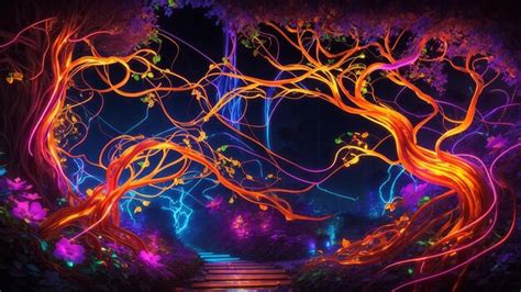 Premium AI Image | magical fairy forest at night blue neon lights ...