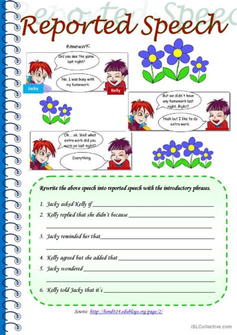 398 Reported Speech Indirect Speech English Esl Worksheets