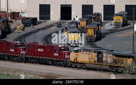 Locomotives Are Stacked Up Outside The Repair Shop In The Union Pacific