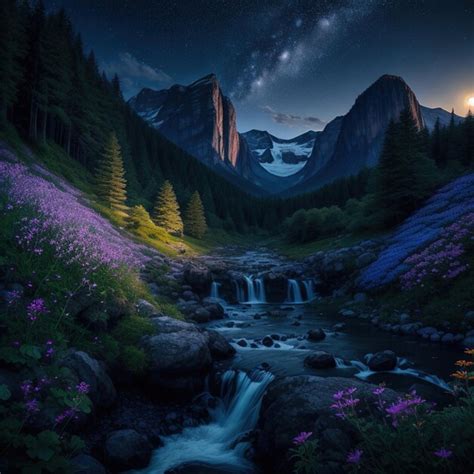 Premium AI Image | Mountain valley with waterfall