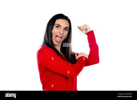 Attractive Mature Woman Wearing Red Jersey Isolated On A White Background Stock Photo Alamy
