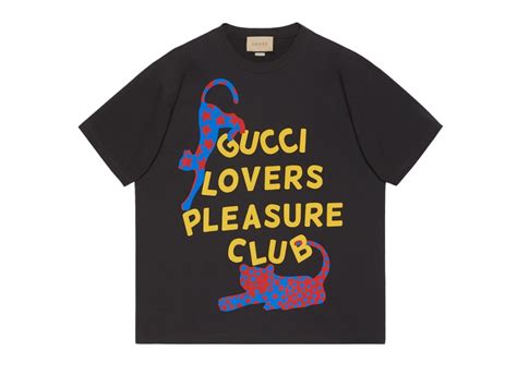 Sasom เสื้อผ้า Gucci Cotton Jersey T Shirt With Gucci Lovers Pleasure Club And Cat Print Black