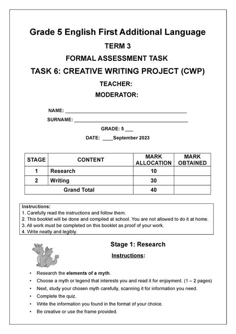 Grade 5 Efal Term 3 2023 Cwp Myth Grade 5 English First Additional