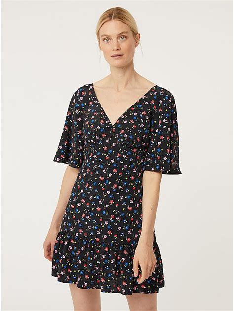 Black Ditsy Floral Print Angel Sleeve Mini Dress Women George At Asda