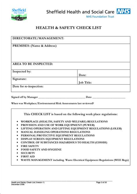 Monthly Health And Safety Checklist