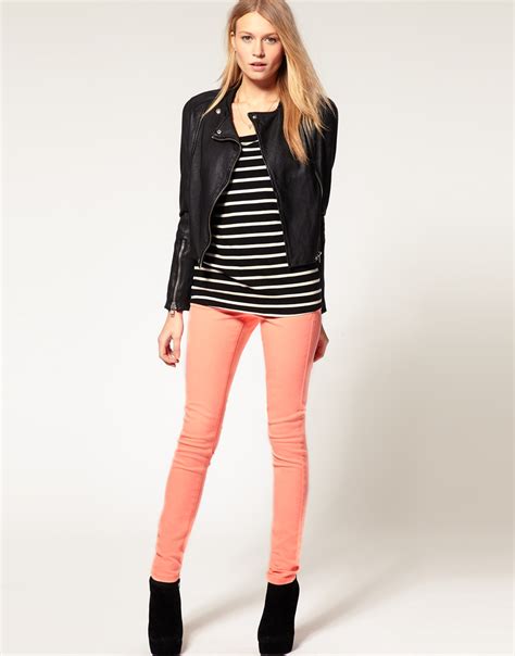 Lyst Asos Collection Asos Neon Coral Skinny Jeans In Pink