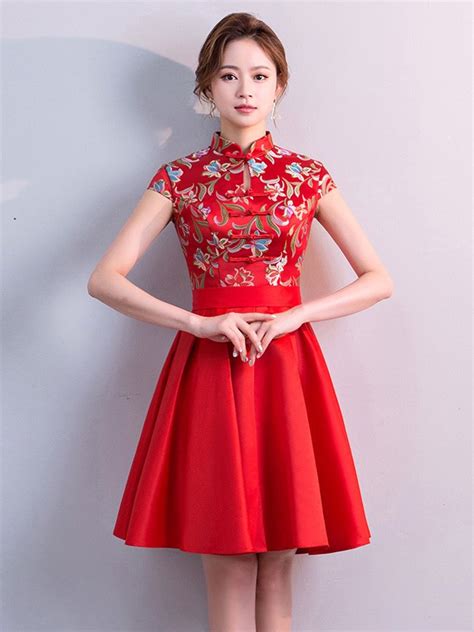 Red Woven A Line Qipao Cheongsam Party Dress Cozyladywear