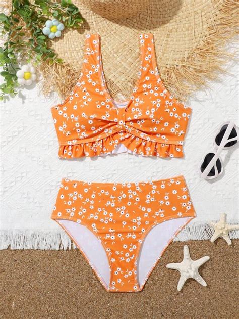 Chicas Ba Ador Bikini Con Estampado Floral Bajo Con Fruncido Moda De