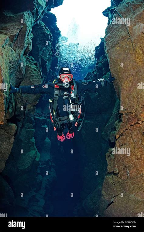 Silfra Fissure, diver in the continental fissure Silfra, diving between ...