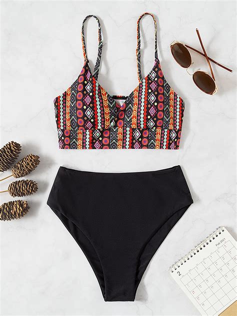 SHEIN Swim BohoFeel Geometric Graphic High Waisted Bikini Swimsuit For