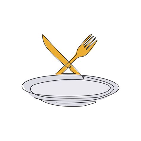 Single continuous line drawing of stylized empty plate fork and knife logo label. Luxury ...