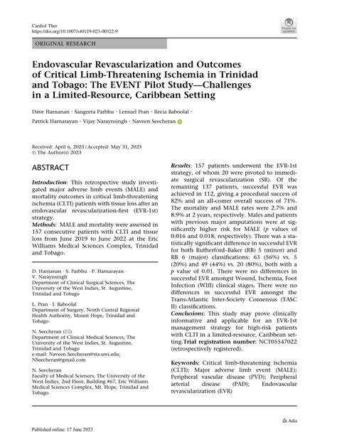 Pdf Endovascular Revascularization And Outcomes Of Critical Limb Threatening Ischemia In