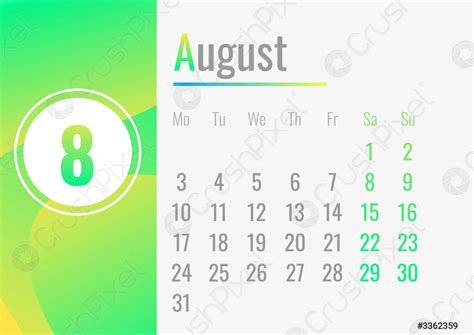 August Month Calendar 2020 Concept Banner Cartoon Style Stock Vector