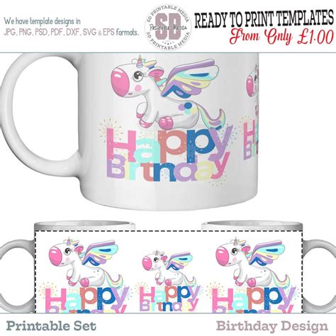 Unicorn Birthday Printable Mug Template Unicorn Birthday Mug Etsy Uk