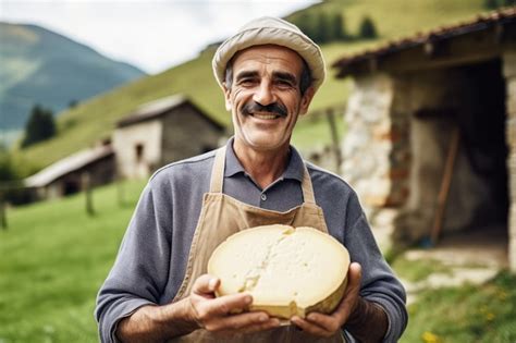 Um agricultor demonstra um pedaço de queijo que fez as próprias