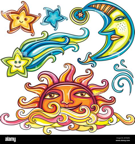 Vector Set Of Celestial Symbols Sun Moon Star Comet With Human