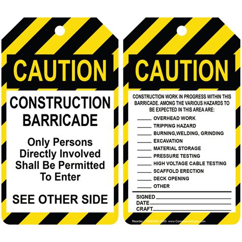 Osha Caution Construction Barricade Safety Tags